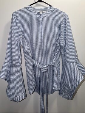 Guess Long Sleeve Blue & White Striped Button Up Blouse L